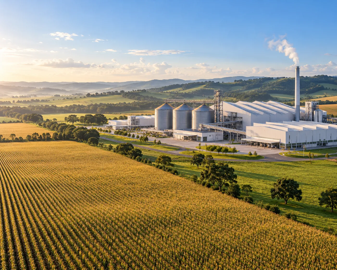 Parque industrial com silos e chaminé cercado por lavoura e pastagem